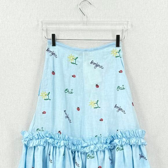 FANM MON X CLARE V Didom Maxi Skirt Womens XS Blue Embroidered Linen Ruffled - Picture 6 of 14